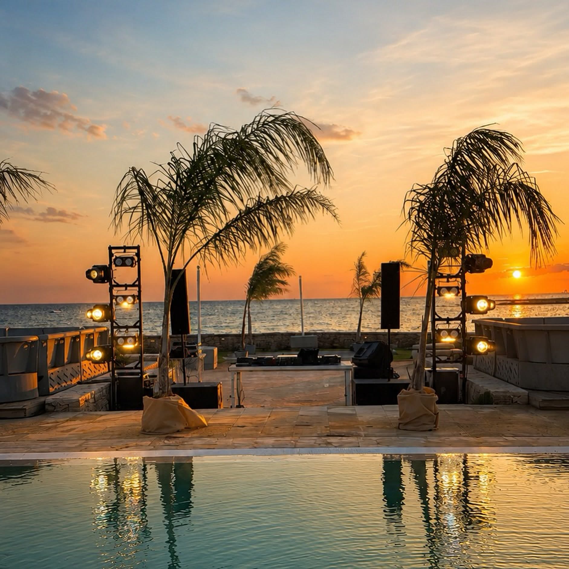 Impianto audio e luci montato a bordo piscina davanti al mare, al tramonto